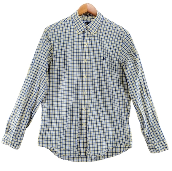 Ralph Lauren Dress Shirt Men M Check Plaid Windowpane Graph Blue Yellow Wht Logo - Picture 1 of 12